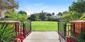 Entrance gate into cemetery grounds at Pierce Bros. Westwood Memorial Park. 