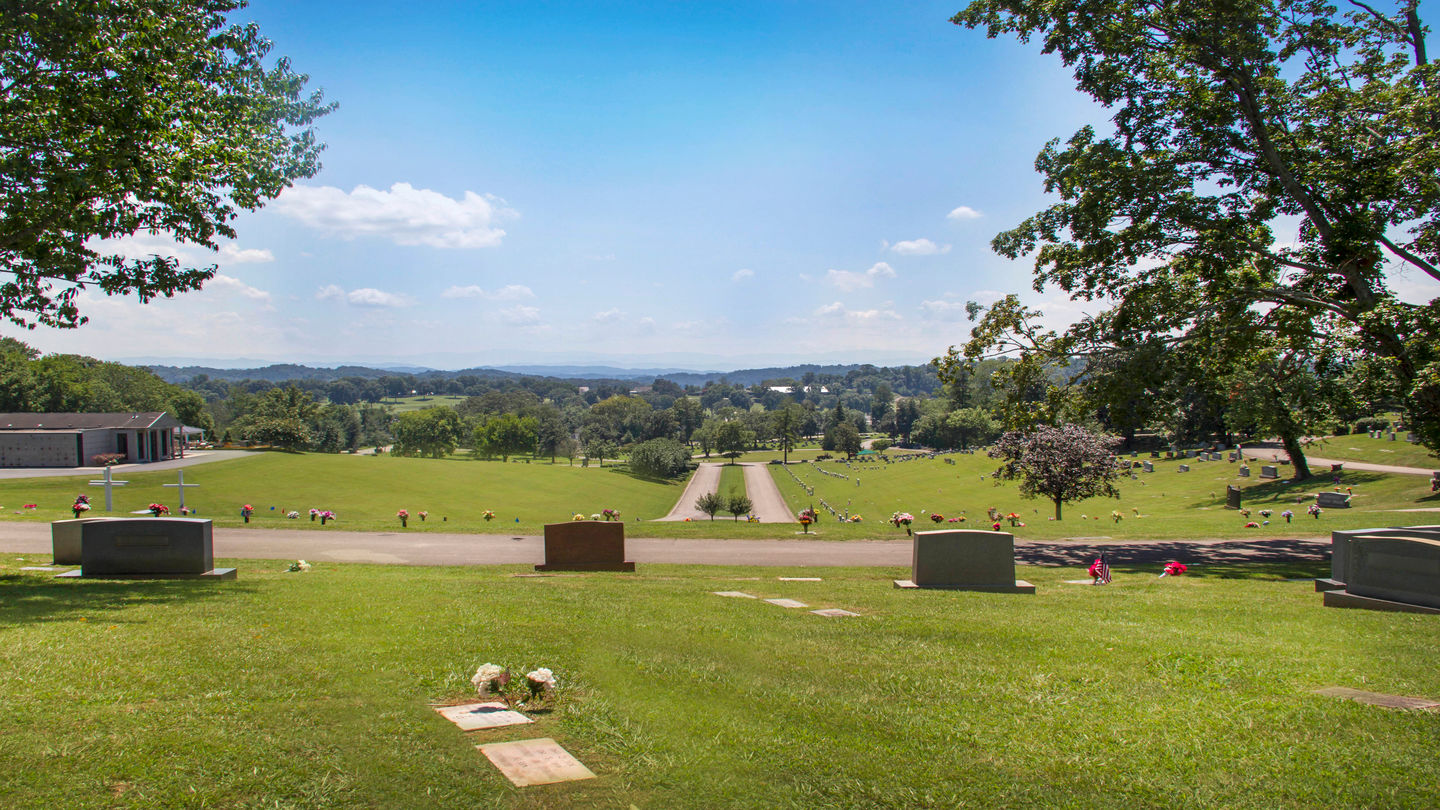 View at the top of Berry Highland Memorial Cemetery with Smoky Mountains in the background