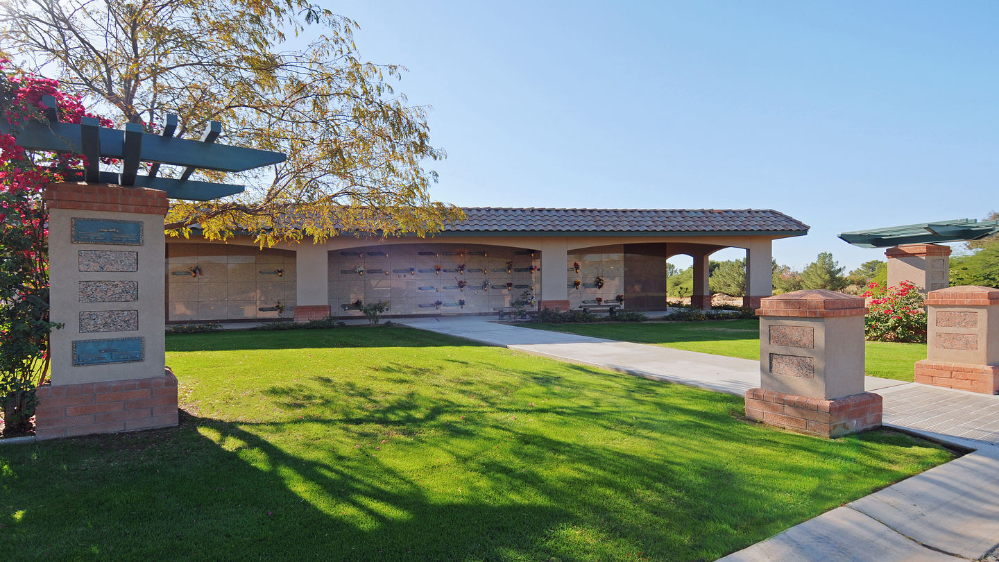 Exterior view of mausoleum at Mariposa Gardens Memorial Park