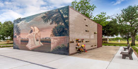Mausoleo exterior con mural de un ángel en Valley Memorial Gardens.