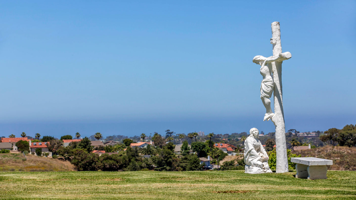 Statue of Jesus on the cross at Eternal Hills Memorial Park.
