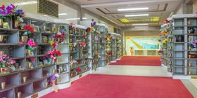 Glass niches against the wall at Woodlawn Memorial Park. 