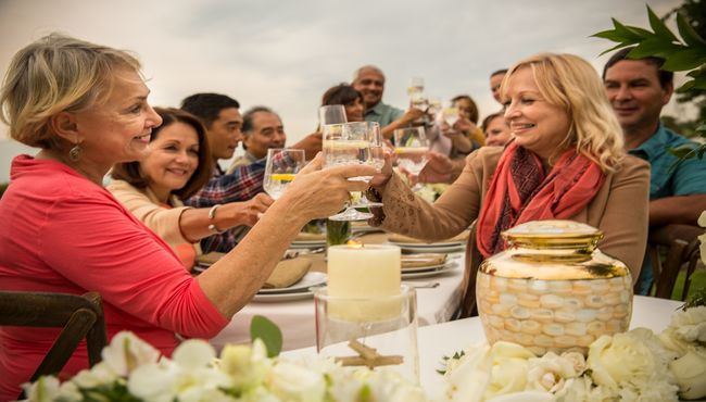Guests toast to a loved one at an outdoor celebration with an urn, candle and flowers in the foreground.