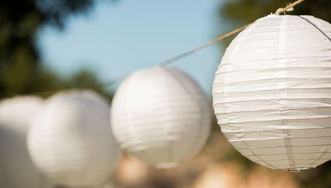 Linternas de papel blanco cuelgan de los árboles.