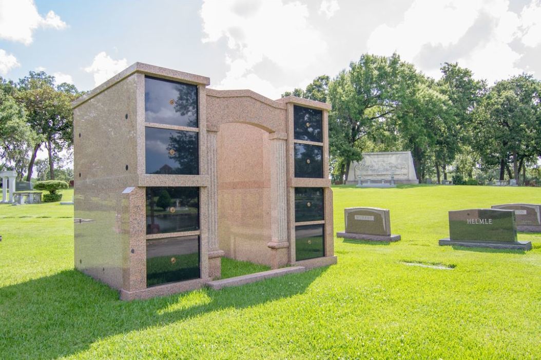 Granite private family mausoleum holding eight crypts. 