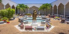 Cremation garden in the middle of a mausoleum at Forest Lawn Memorial Gardens. 