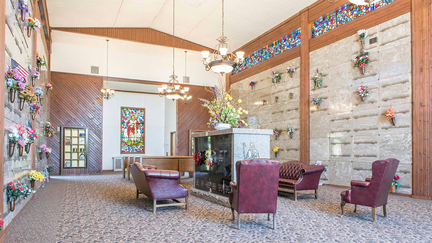 A seating area offers a place to remember and reflect inside the mausoleum at Highland Park Cemetery & Mausoleum