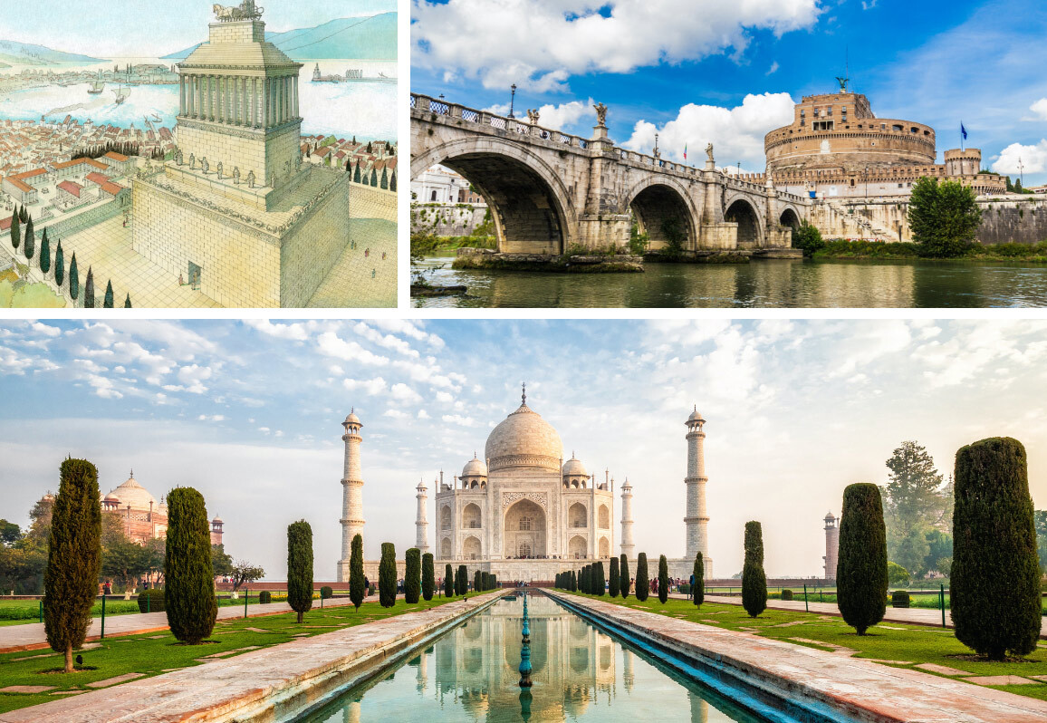 Famous mausoleums, including Taj Mahal