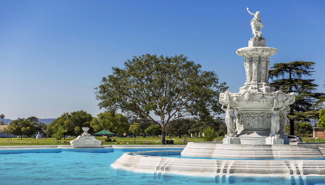Fountain with angel on top at Pierce Brothers Valhalla Memorial Park. 