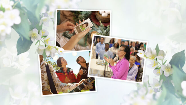 celebration of life photo collage with flowers