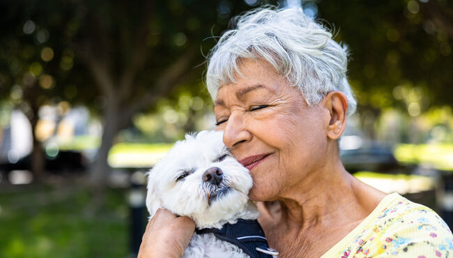 A mixed race senior woman holding her puppy outdoors - stock photo