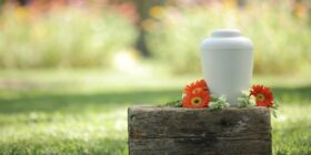 Una urna de dispersión de cenizas reposa sobre un banco de madera con flores