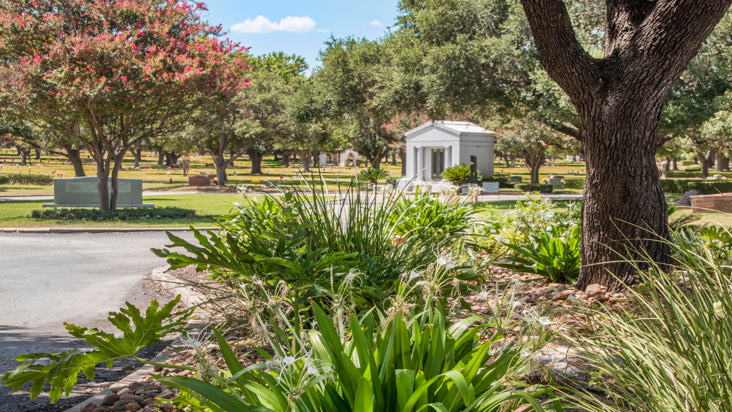 Cemetery grounds and mausoleum estate at Sunset Memorial Park
