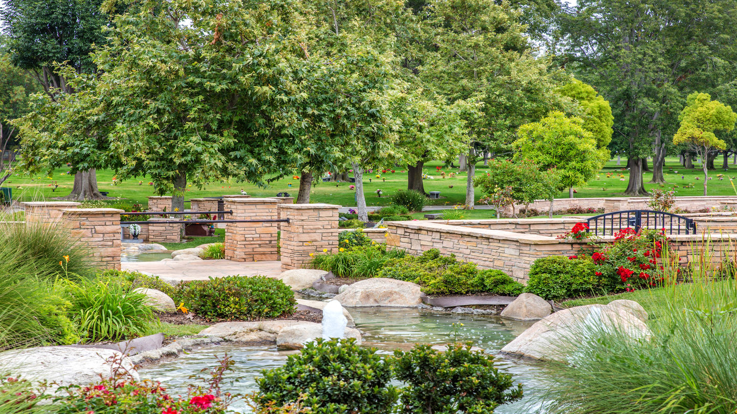 Pond with estate area in the background at Westminster Memorial Park
